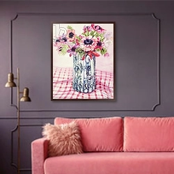 «Anemones in a Victorian Flowered Jug» в интерьере гостиной с розовым диваном