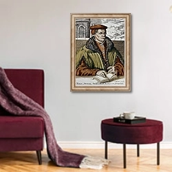 «Thomas Muntzer, c.1600» в интерьере гостиной в бордовых тонах