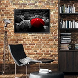 «Красный зонт 2» в интерьере кабинета в стиле лофт с кирпичными стенами