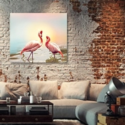 «Два розовых фламинго у воды» в интерьере гостиной в стиле лофт с кирпичной стеной