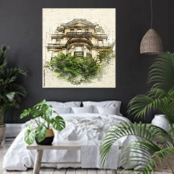 «Парижская архитектура» в интерьере современной спальни с черными стенами