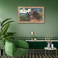 «St. Jerome in the Desert» в интерьере гостиной в зеленых тонах