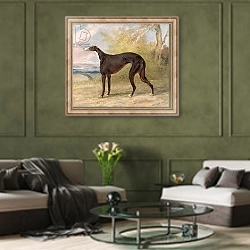 «One of George Lane Fox's Winning Greyhounds: the Black and White Greyhound Bitch, Juno 1822» в интерьере гостиной в оливковых тонах