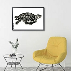 «Ретро иллюстрация морской черепахи» в интерьере комнаты в скандинавском стиле с желтым креслом