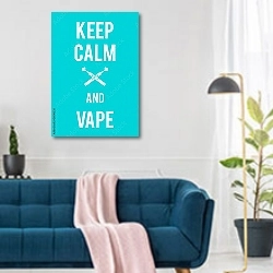 «Keep calm and vape» в интерьере современной гостиной над синим диваном