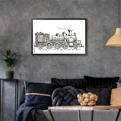 «Иллюстрация с ретро поездом» в интерьере гостиной в стиле лофт в серых тонах