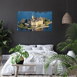 «Шверинский замок на Дворцовом острове, Германия» в интерьере современной спальни с черными стенами