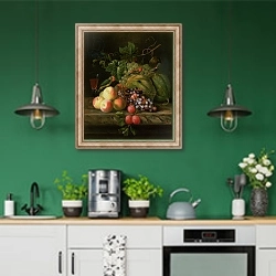 «Still life of fruit on a ledge with Parakeets» в интерьере кухни с зелеными стенами