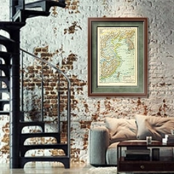«Карта Восточного Китая и Кореи» в интерьере двухярусной гостиной в стиле лофт с кирпичной стеной