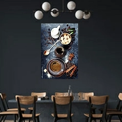 «Композиция из кофейных приборов» в интерьере столовой с черными стенами