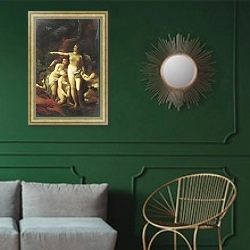«Диана, окруженная нимфами, и Актеон» в интерьере классической гостиной с зеленой стеной над диваном