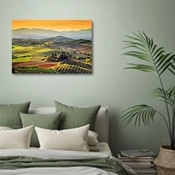 «Тоскана, Италия. Ферма на холме» в интерьере современной спальни в зеленых тонах