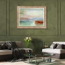 «River scene, 1834» в интерьере гостиной в оливковых тонах