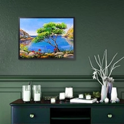 «Берег моря 2» в интерьере зеленой гостиной над диваном