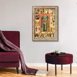 «St. Nicholas of Moshajsk with scenes from his life» в интерьере гостиной в бордовых тонах