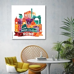 «Рим, коллаж» в интерьере современной гостиной с желтым креслом