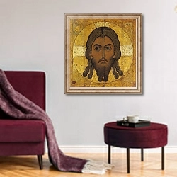 «The Holy Face 1» в интерьере гостиной в бордовых тонах