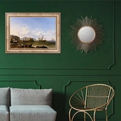 «Blick auf Lipari und Stromboli» в интерьере классической гостиной с зеленой стеной над диваном