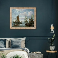 «Estuary Scene with Boats and Fisherman» в интерьере классической спальни с темными стенами