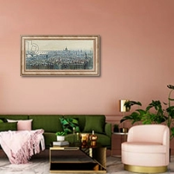 «Panorama of London from the top of the Monument, looking west, 1848» в интерьере современной гостиной с розовой стеной