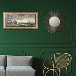 «The Bass Rock at Dawn, 1855» в интерьере классической гостиной с зеленой стеной над диваном