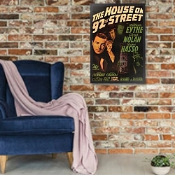 «Film Noir Poster - House On 92nd Street, The» в интерьере в стиле лофт с кирпичной стеной и синим креслом