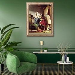 «Raphael Adjusting his Model's Pose for his Painting of the Virgin and Child» в интерьере гостиной в зеленых тонах