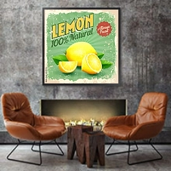 «Лимон, ретро-плакат» в интерьере в стиле лофт с бетонной стеной над камином
