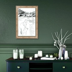 «A Perspective View of Lake George and a Plan of Ticonderoga» в интерьере прихожей в зеленых тонах над комодом