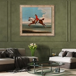 «One of Four Portraits of Horses - a Chestnut Racehorse Exercised by a Trainer in a Red Coat 1730» в интерьере гостиной в оливковых тонах