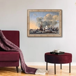 «Caulking ships on the IJ near Amsterdam» в интерьере гостиной в бордовых тонах