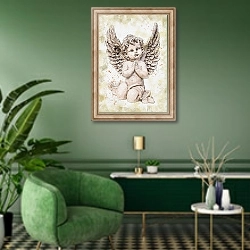 «Гипсовый ангелок» в интерьере гостиной в зеленых тонах