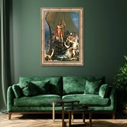 «Ulysses and the Sirens 2» в интерьере зеленой гостиной над диваном