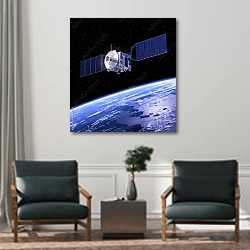 «Спутник на орбите» в интерьере офиса над креслами для гостей