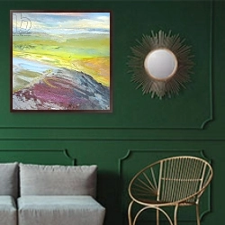 «Across the Valley, 2014» в интерьере классической гостиной с зеленой стеной над диваном
