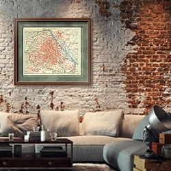 «План Вены, городская территория» в интерьере гостиной в стиле лофт с кирпичной стеной