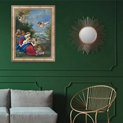«Отдых на пути в Египет 3» в интерьере классической гостиной с зеленой стеной над диваном