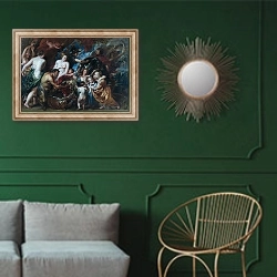 «Минерва, защищающая Пакс от Марса» в интерьере классической гостиной с зеленой стеной над диваном