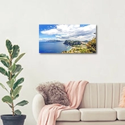 «Италия. Капри. Панорама с облаками» в интерьере современной светлой гостиной над диваном