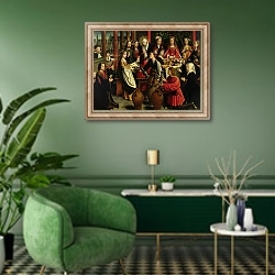 «The Marriage Feast at Cana, c.1500-03» в интерьере гостиной в зеленых тонах