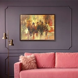 «Люди на солнечной улице» в интерьере гостиной с розовым диваном