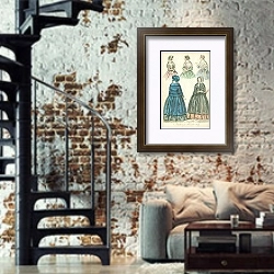 «Fashions for November 1845 1» в интерьере двухярусной гостиной в стиле лофт с кирпичной стеной