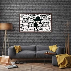 «Стритарт Гай Фокс среди штурмовиков» в интерьере в стиле лофт над диваном