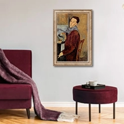«Self Portrait, 1919» в интерьере гостиной в бордовых тонах