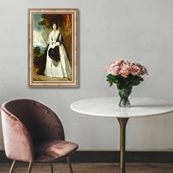 «Young woman in white dress against a landscape» в интерьере в классическом стиле над креслом