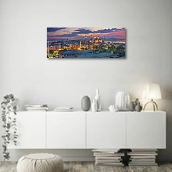 «Турция, Стамбул. Панорама города на закате» в интерьере стильной минималистичной гостиной в белом цвете