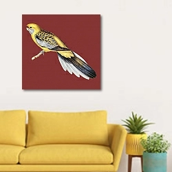 «Желтый певчий попугай» в интерьере солнечной гостиной с желтым диваном