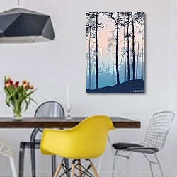«Сосновый лес на рассвете» в интерьере столовой в скандинавском стиле с яркими деталями