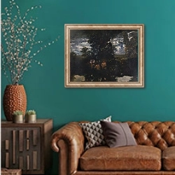 «Лунный свет - Купальщики» в интерьере гостиной с зеленой стеной над диваном