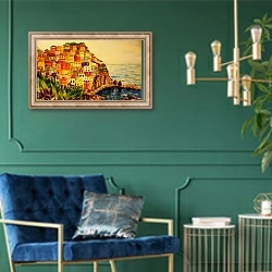 «Городок на скале у моря» в интерьере в классическом стиле с зеленой стеной